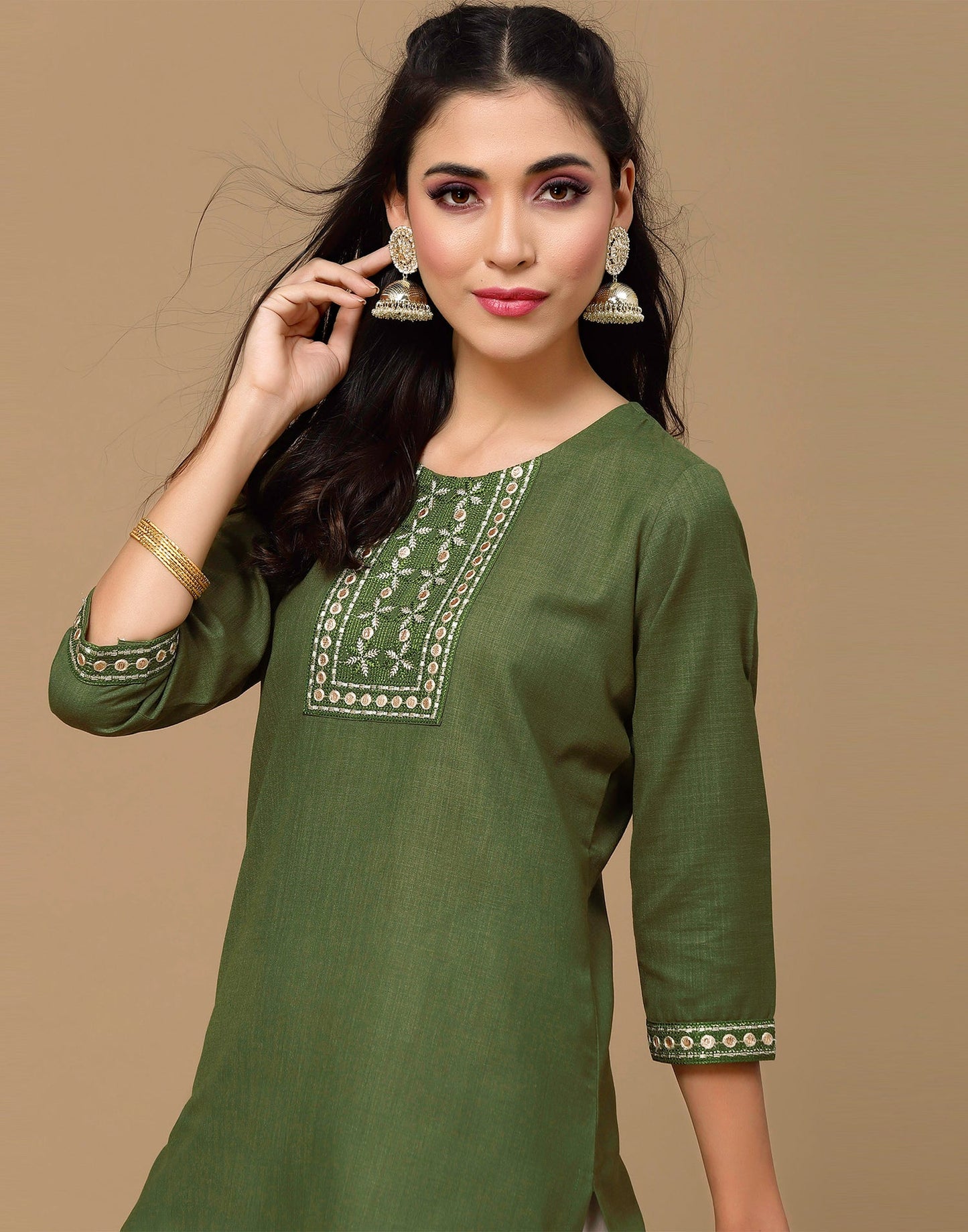 Olive Green Embroidery Cotton Straight Kurta