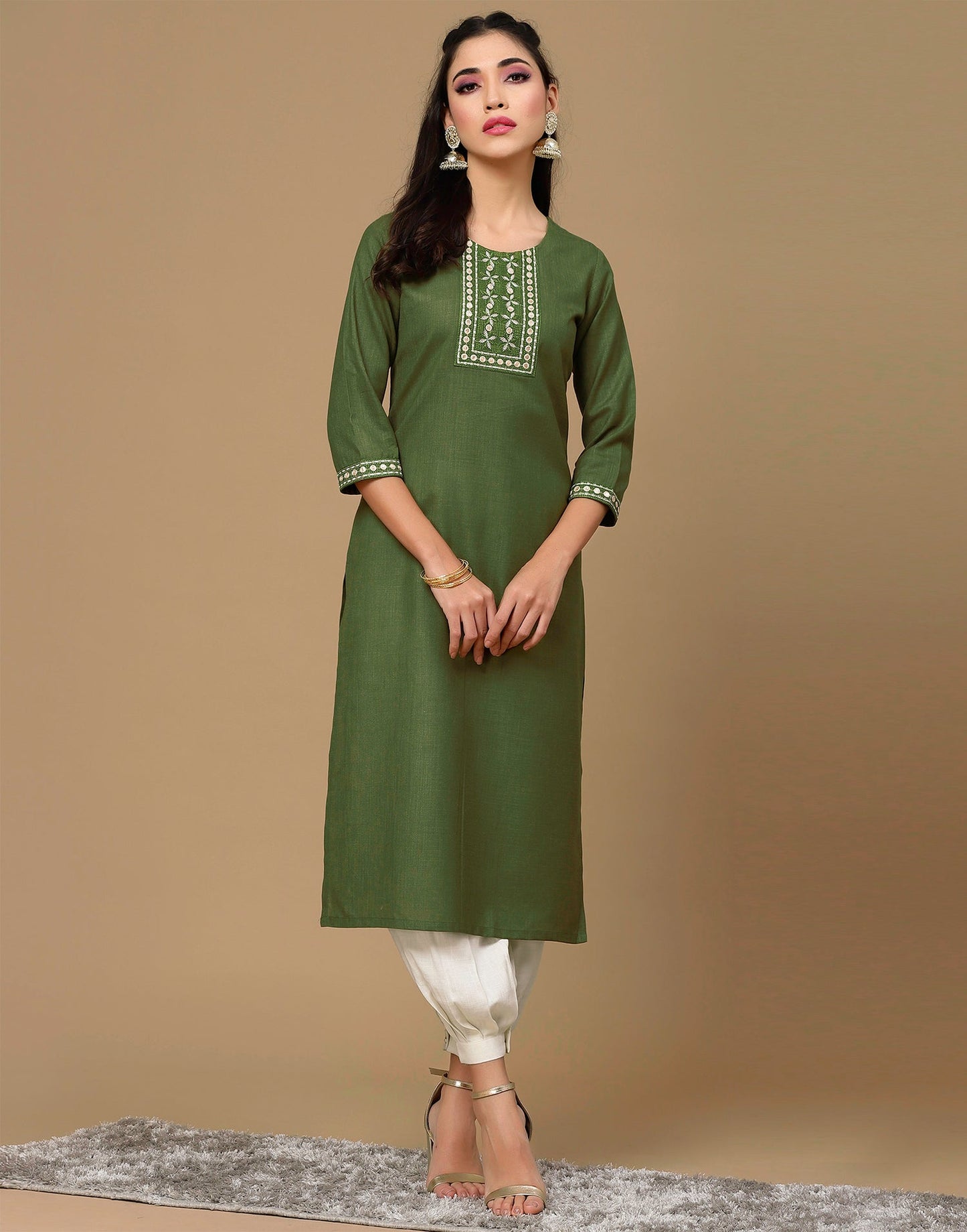 Olive Green Embroidery Cotton Straight Kurta