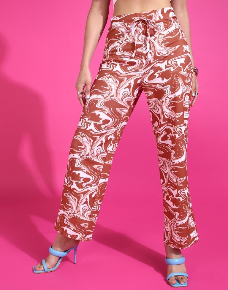 Rust & White Printed Straight Fit Trouser