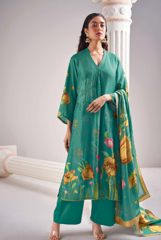 Unstitched silk suit with hand work