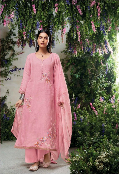 Pink unstitched pure linen suit with pure chiffon dupatta