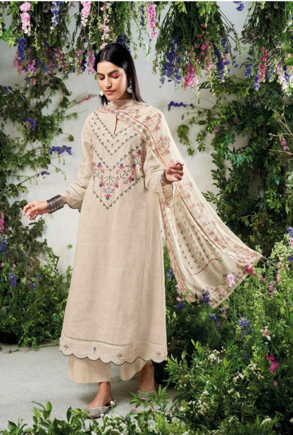 Beige unstitched pure linen suit with pure chiffon dupatta