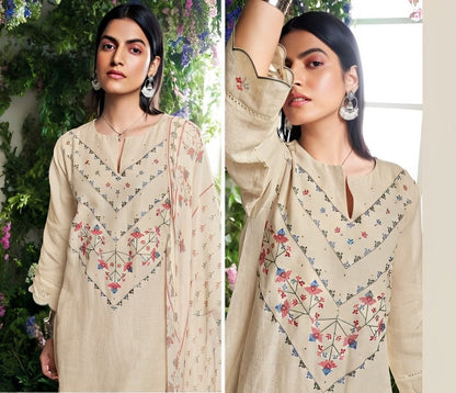 Beige unstitched pure linen suit with pure chiffon dupatta