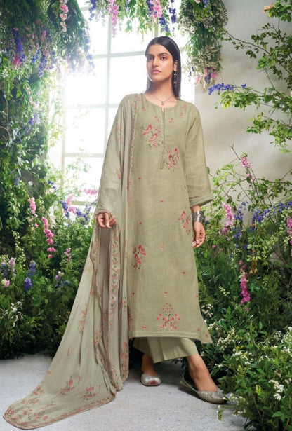 Pista green unstitched pure linen suit with pure chiffon dupatta