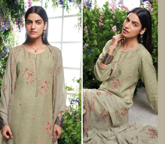 Pista green unstitched pure linen suit with pure chiffon dupatta