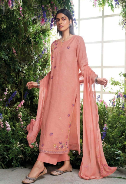 Pink unstitched pure linen suit with pure chiffon dupatta