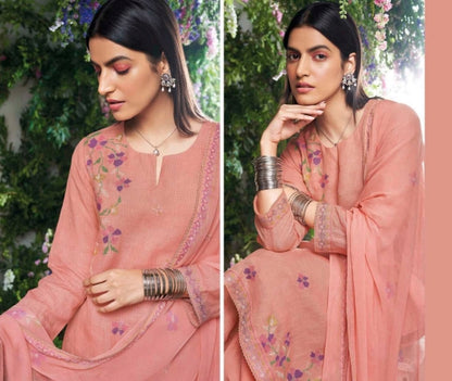 Pink unstitched pure linen suit with pure chiffon dupatta