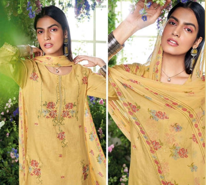 Yellow unstitched pure linen suit with pure chiffon dupatta