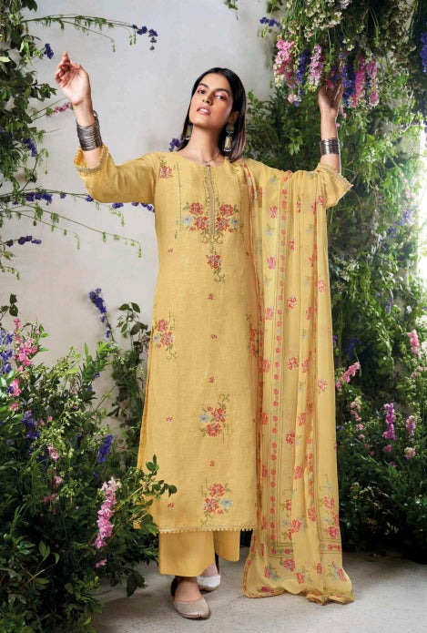 Yellow unstitched pure linen suit with pure chiffon dupatta