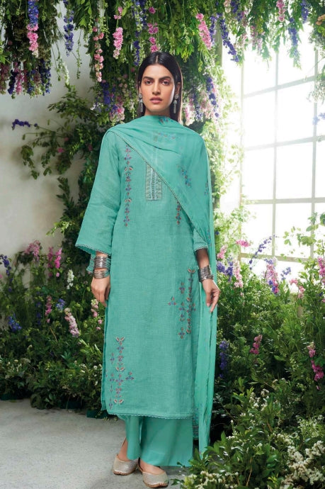 Blue unstitched pure linen suit with pure chiffon dupatta