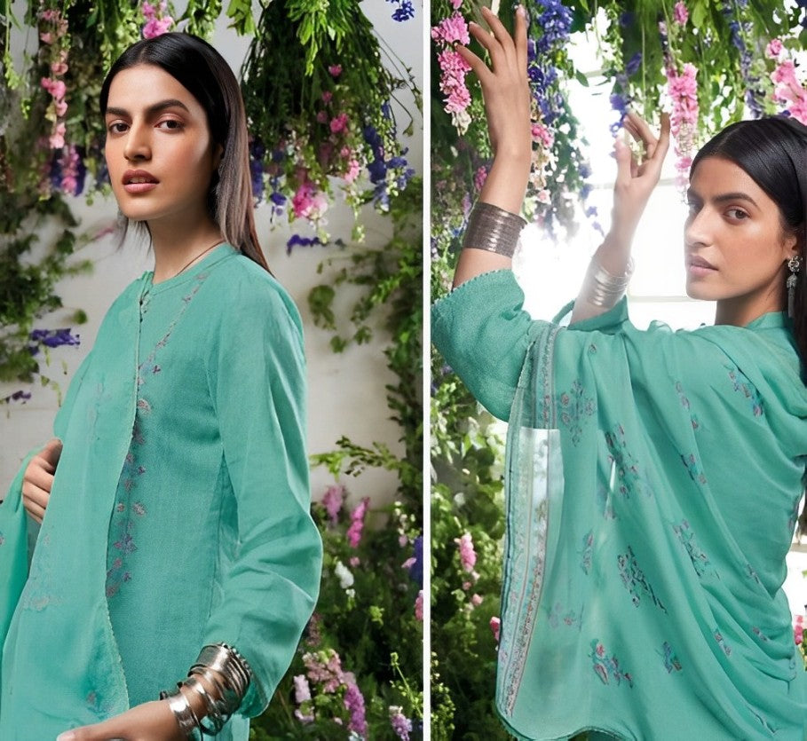 Blue unstitched pure linen suit with pure chiffon dupatta