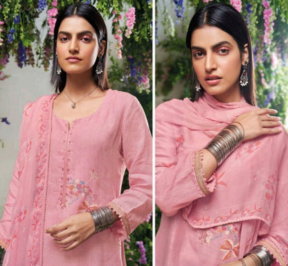 Pink unstitched pure linen suit with pure chiffon dupatta