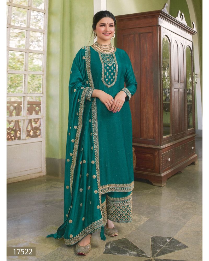 Sea Blue Silk Georgette Embroidered Palazzo Suit