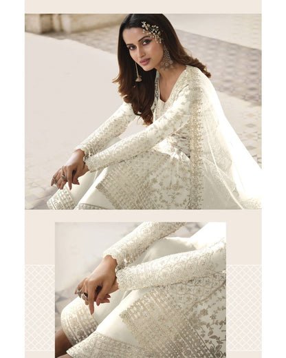 White Butterfly Net Cording Embroidery Palazzo Suit