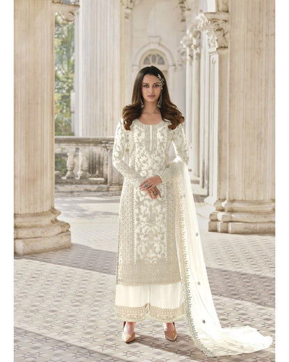 White Butterfly Net Cording Embroidery Palazzo Suit