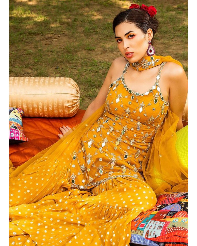 Yellow Semi-Stitched Sharara Sleeveless Suit