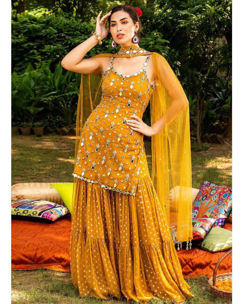 Yellow Semi-Stitched Sharara Sleeveless Suit