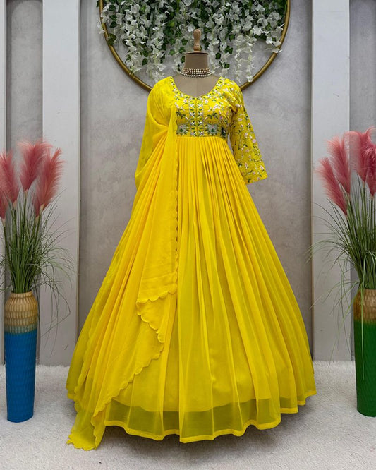 Yellow Color Faux Georgette Sequence Anarkali Dress