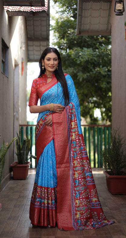 Sky blue colour dola silk saree with digital kalamkari printed work