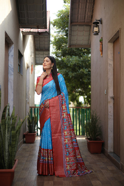 Sky blue colour dola silk saree with digital kalamkari printed work