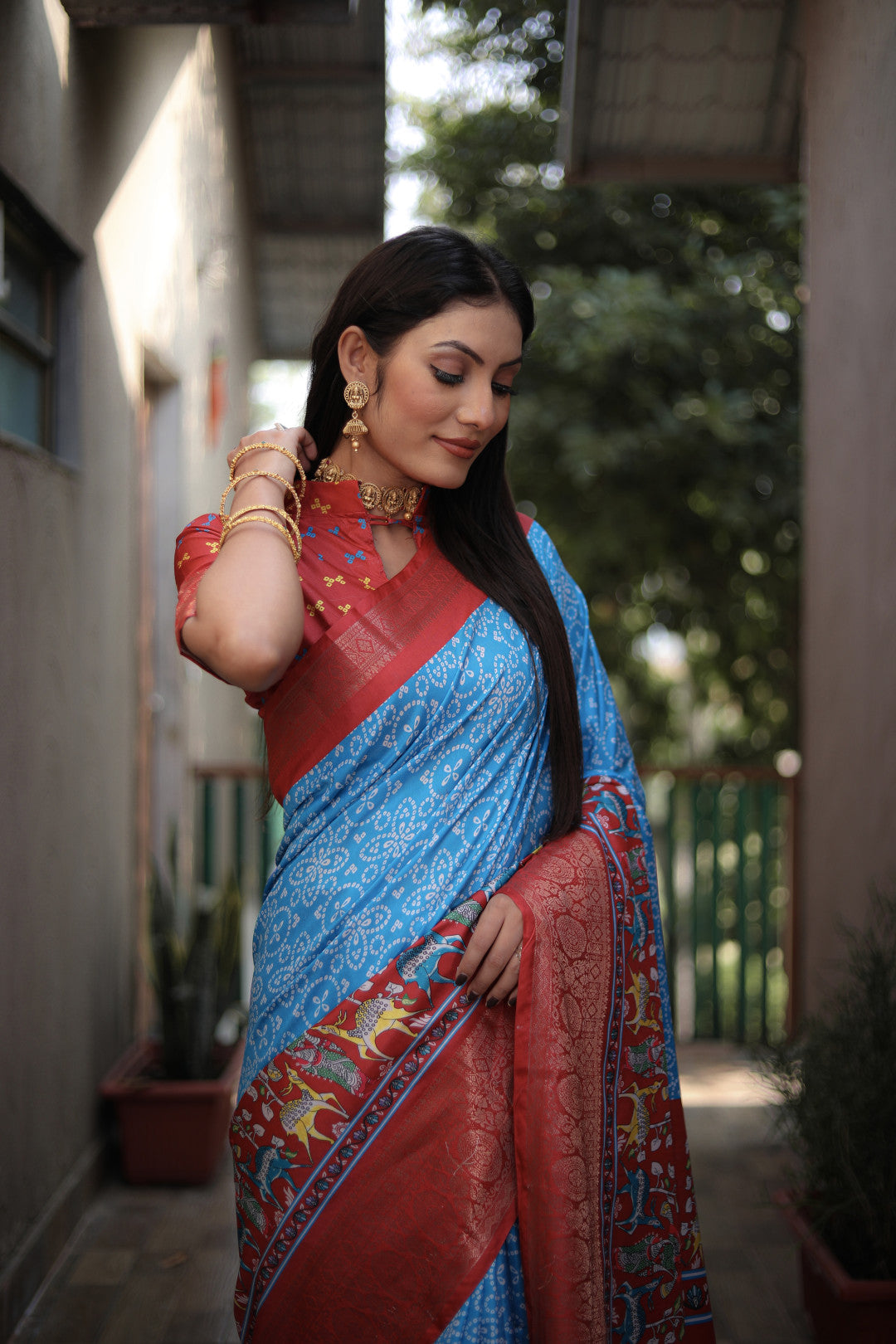 Sky blue colour dola silk saree with digital kalamkari printed work