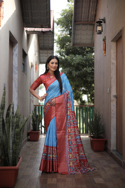 Sky blue colour dola silk saree with digital kalamkari printed work