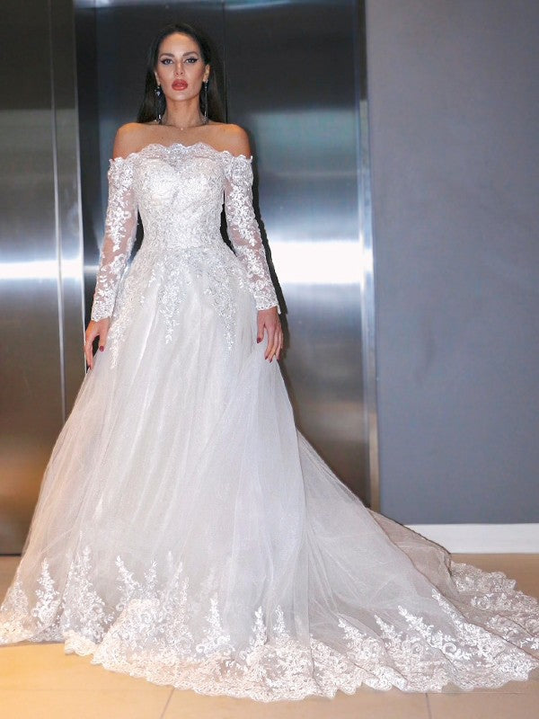 A-Line/Princess Lace Applique Off-the-Shoulder Long Sleeves Sweep/Brush Train Wedding Dresses