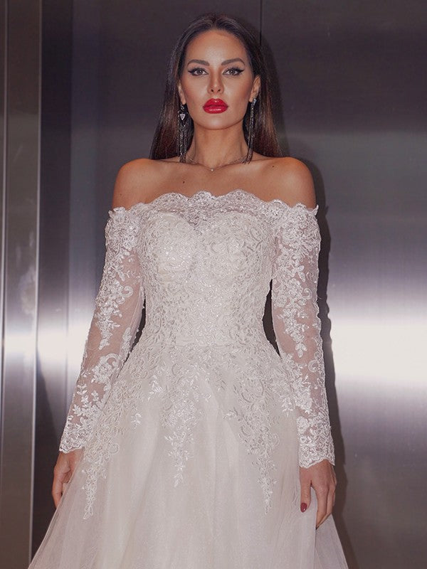 A-Line/Princess Lace Applique Off-the-Shoulder Long Sleeves Sweep/Brush Train Wedding Dresses