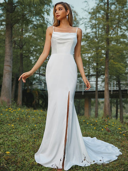 Sheath/Column Ruched Spaghetti Straps Sleeveless Sweep/Brush Train Wedding Dress