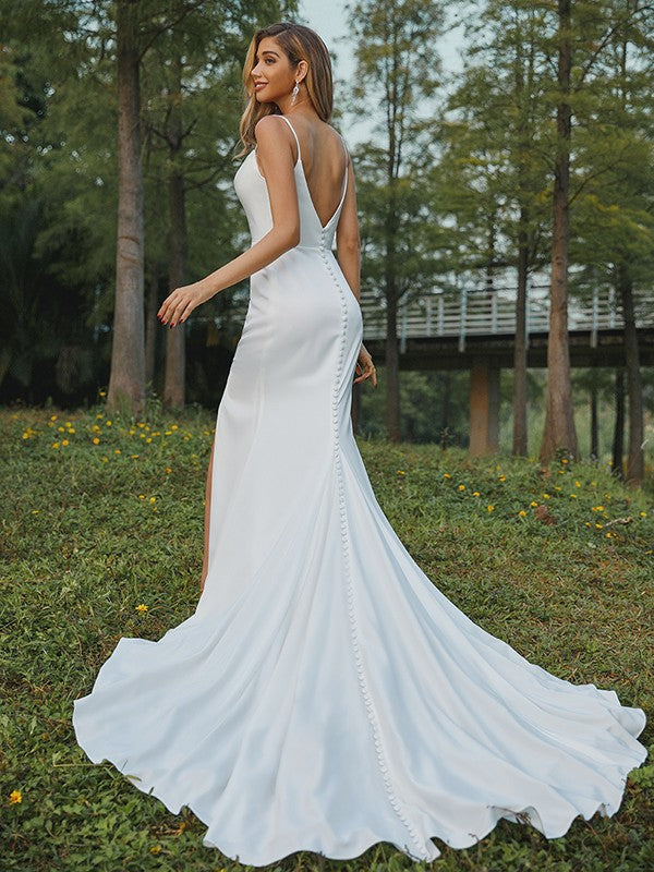 Sheath/Column Ruched Spaghetti Straps Sleeveless Sweep/Brush Train Wedding Dress