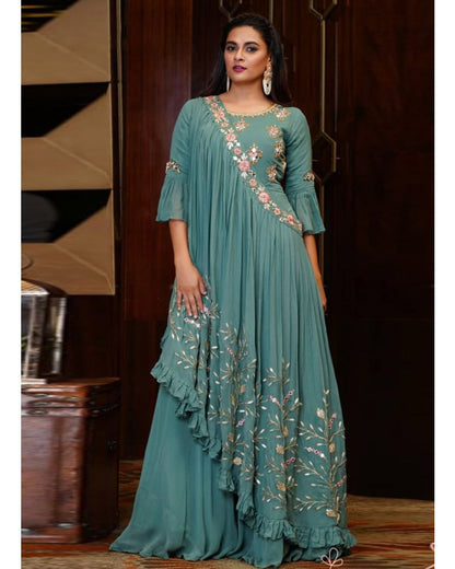 Rama Coloured Party Wear Georgette Gown With Dupatta