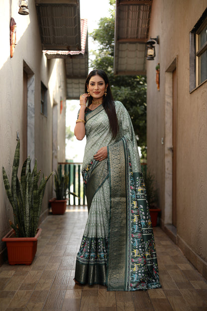 Pista green color dola silk saree with digital kalamkari printed work