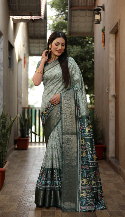 Pista green color dola silk saree with digital kalamkari printed work