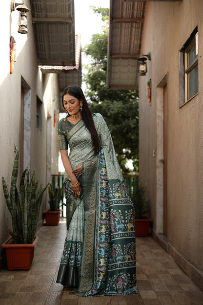 Pista green color dola silk saree with digital kalamkari printed work