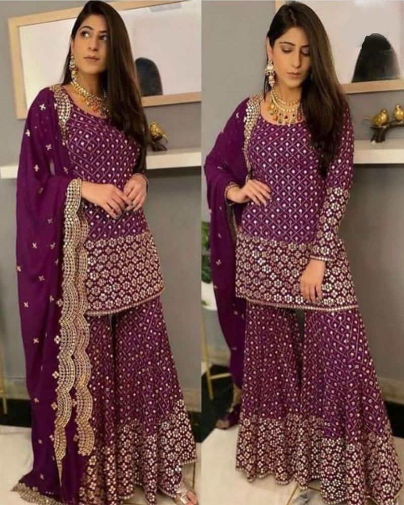 Purple Colored Faux Georgette Designer Sharara Suit