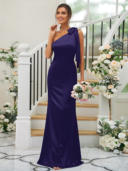 Sheath/Column Silk like Satin Bowknot One-Shoulder Sleeveless Floor-Length Bridesmaid Dress