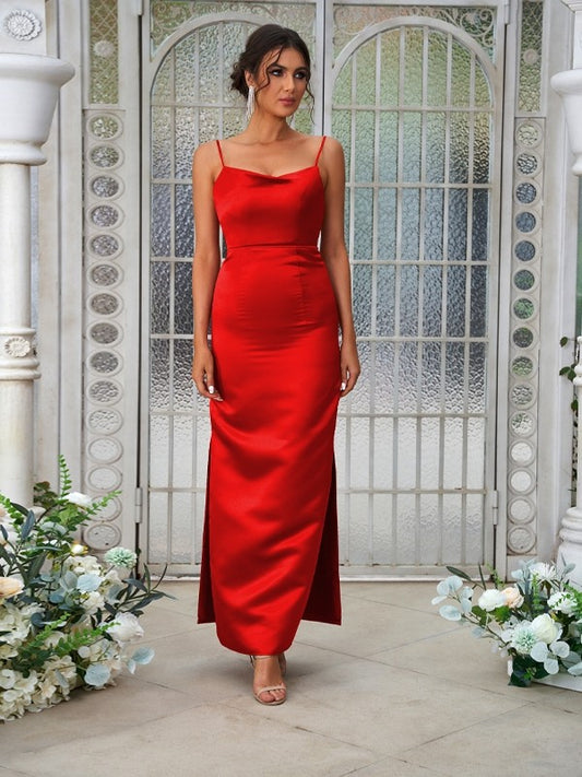 Sheath/Column Satin Ruched Spaghetti Straps Sleeveless Ankle-Length Bridesmaid Dress