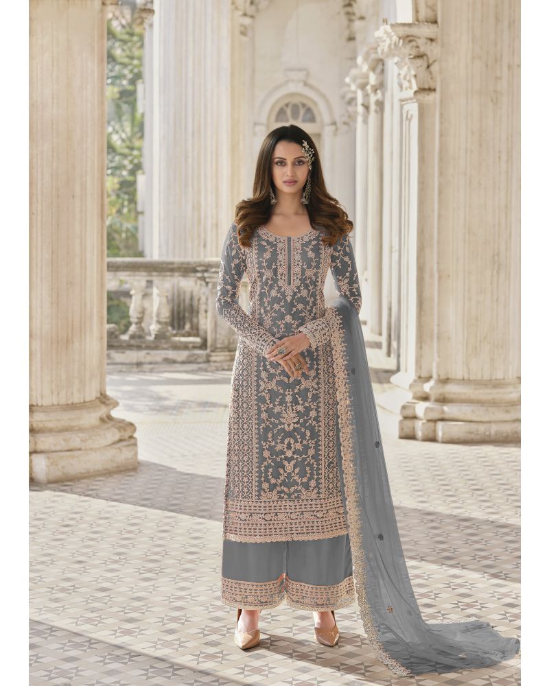 Grey Butterfly Net Cording Embroidery Palazzo Suit