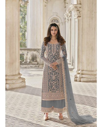 Grey Butterfly Net Cording Embroidery Palazzo Suit