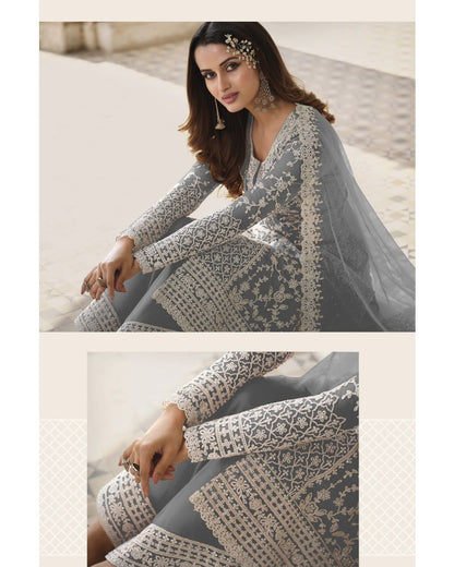 Grey Butterfly Net Cording Embroidery Palazzo Suit