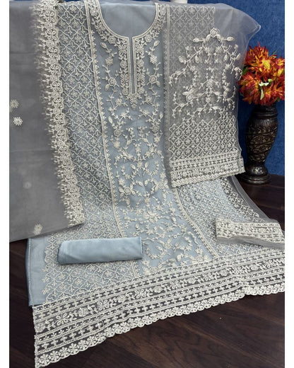 Grey Butterfly Net Cording Embroidery Palazzo Suit