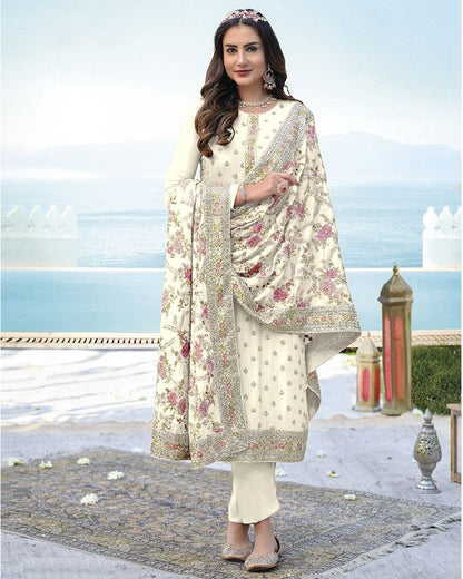 White Georgette Semi-Stitched Straight Suit