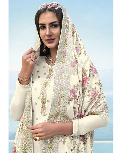 White Georgette Semi-Stitched Straight Suit