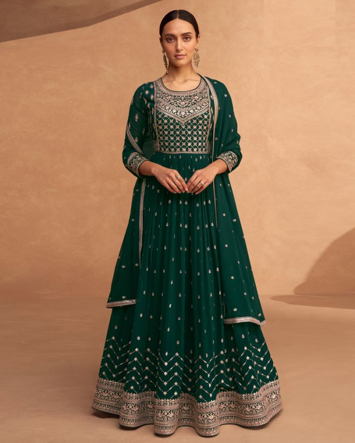 Green Color Faux Georgette Embroidered Anarkali Dress