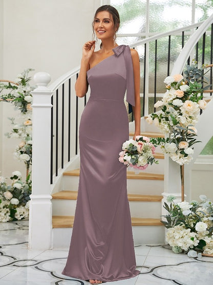 Sheath/Column Silk like Satin Bowknot One-Shoulder Sleeveless Floor-Length Bridesmaid Dress