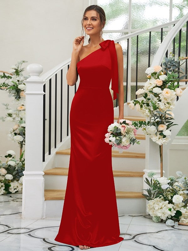 Sheath/Column Silk like Satin Bowknot One-Shoulder Sleeveless Floor-Length Bridesmaid Dress