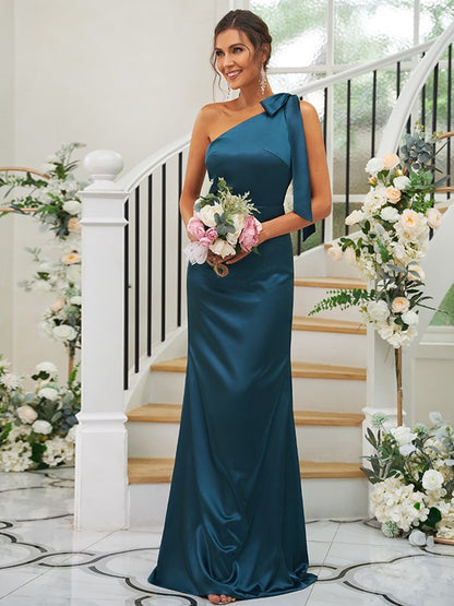 Sheath/Column Silk like Satin Bowknot One-Shoulder Sleeveless Floor-Length Bridesmaid Dress