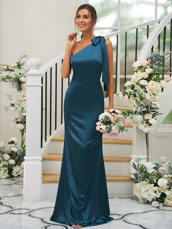 Sheath/Column Silk like Satin Bowknot One-Shoulder Sleeveless Floor-Length Bridesmaid Dress