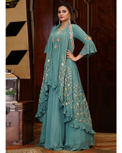 Rama Coloured Party Wear Georgette Gown With Dupatta